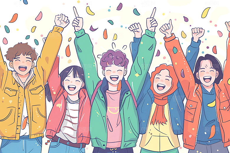 卡通年轻人鲜明欢呼插画