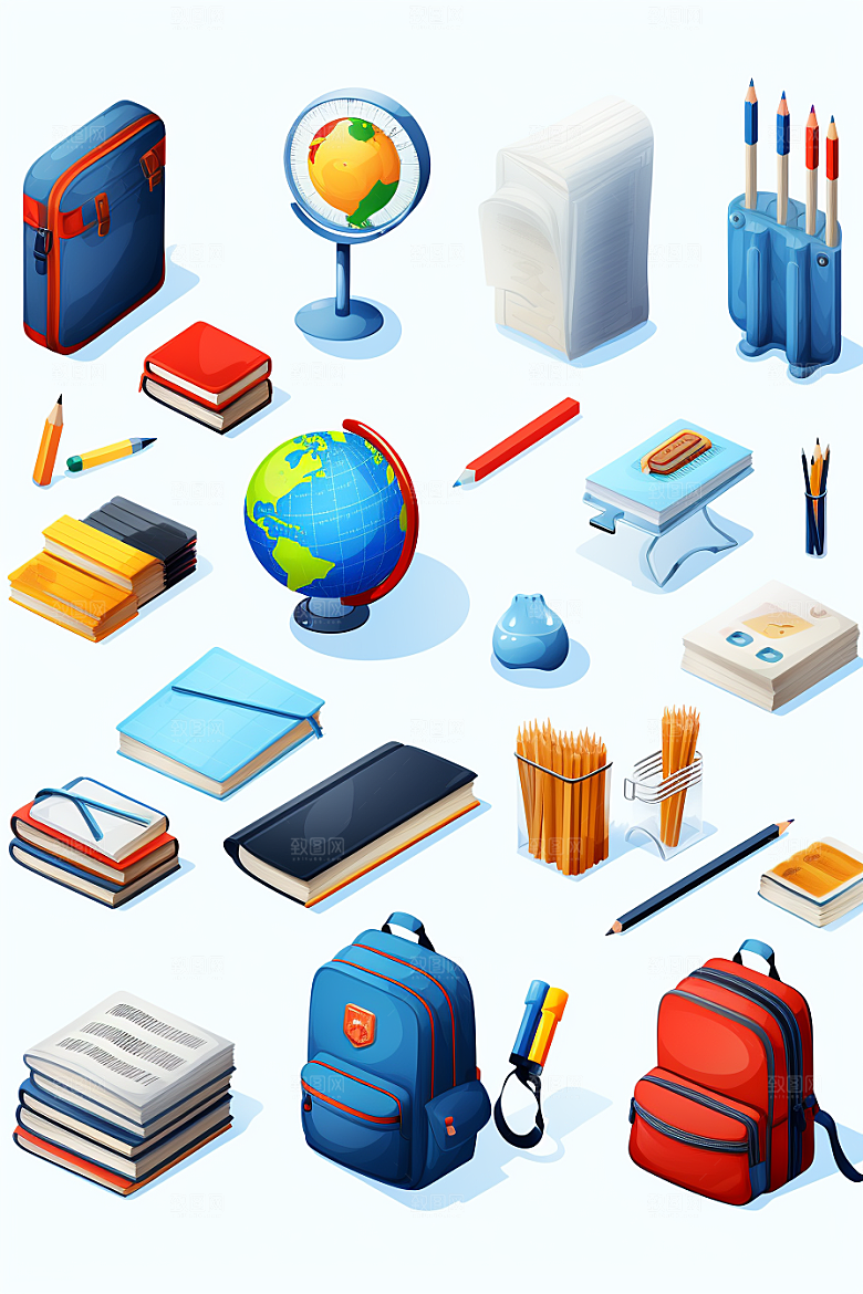卡通文具书本纸笔学具效果图