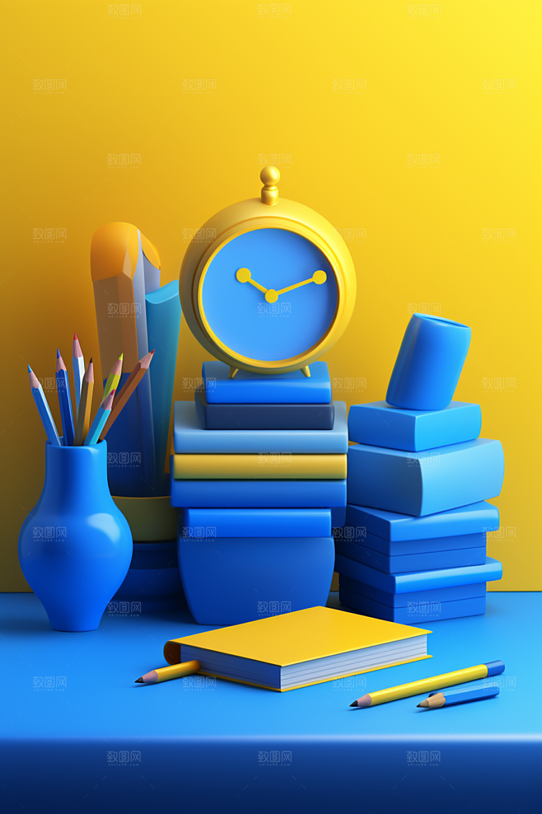 卡通文具C4D上学效果图