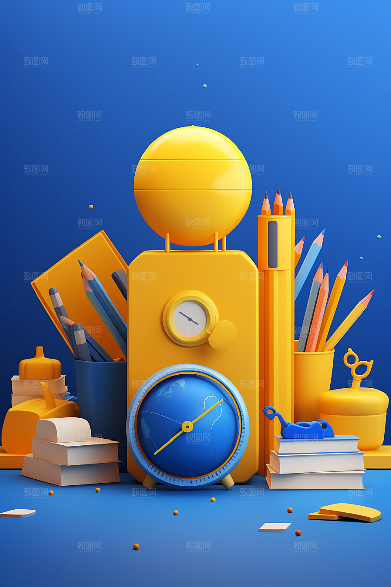 卡通文具上学立体效果图