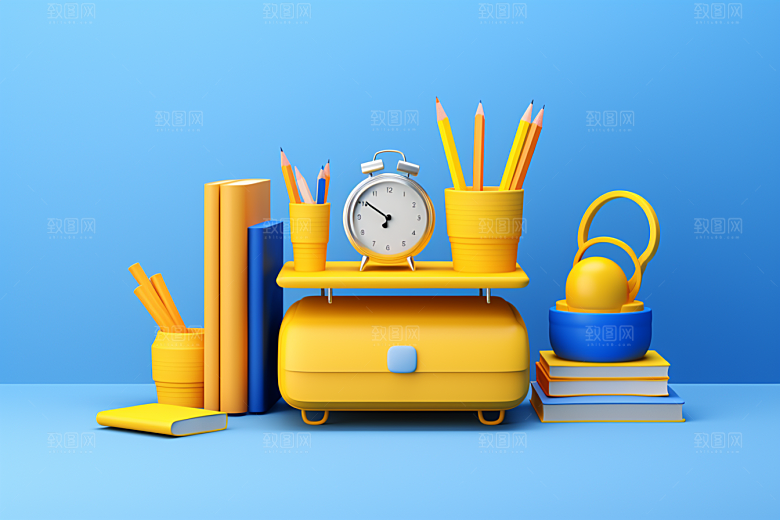 卡通文具3D开学效果图