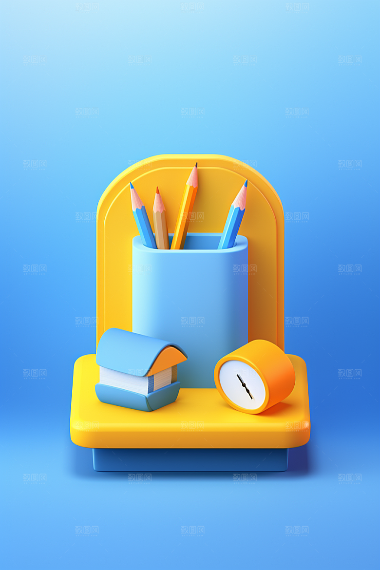 卡通文具开学书本纸笔效果图