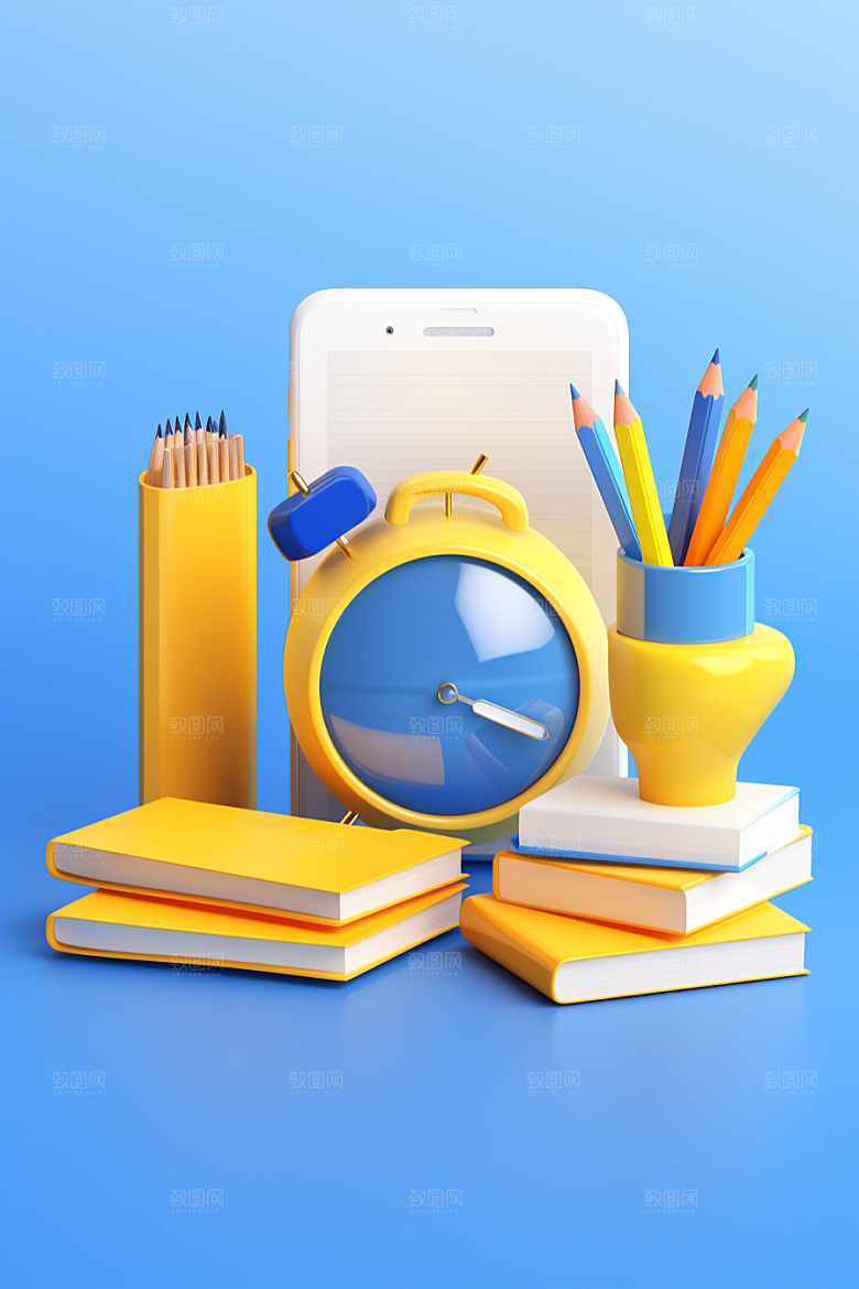 卡通文具3D开学效果图