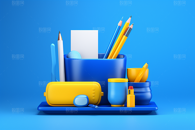 卡通文具3D书本纸笔效果图