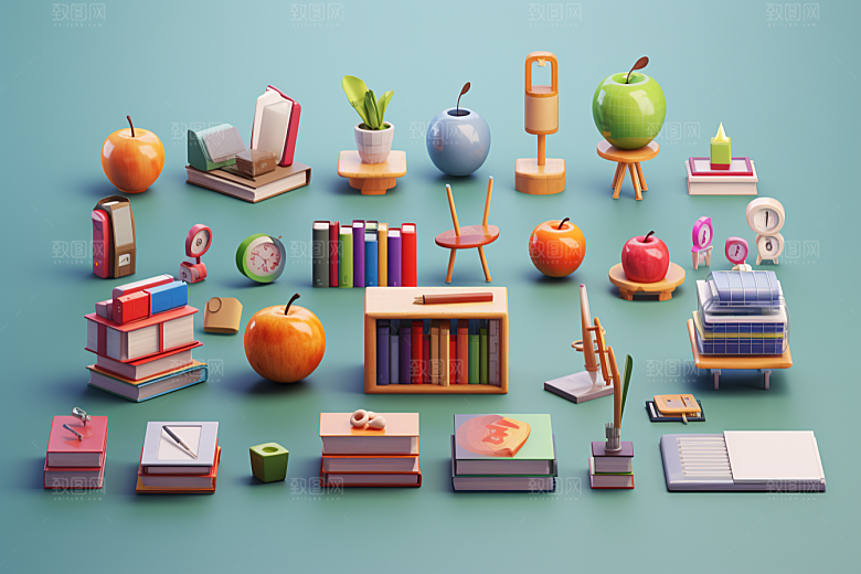 卡通文具上学立体效果图