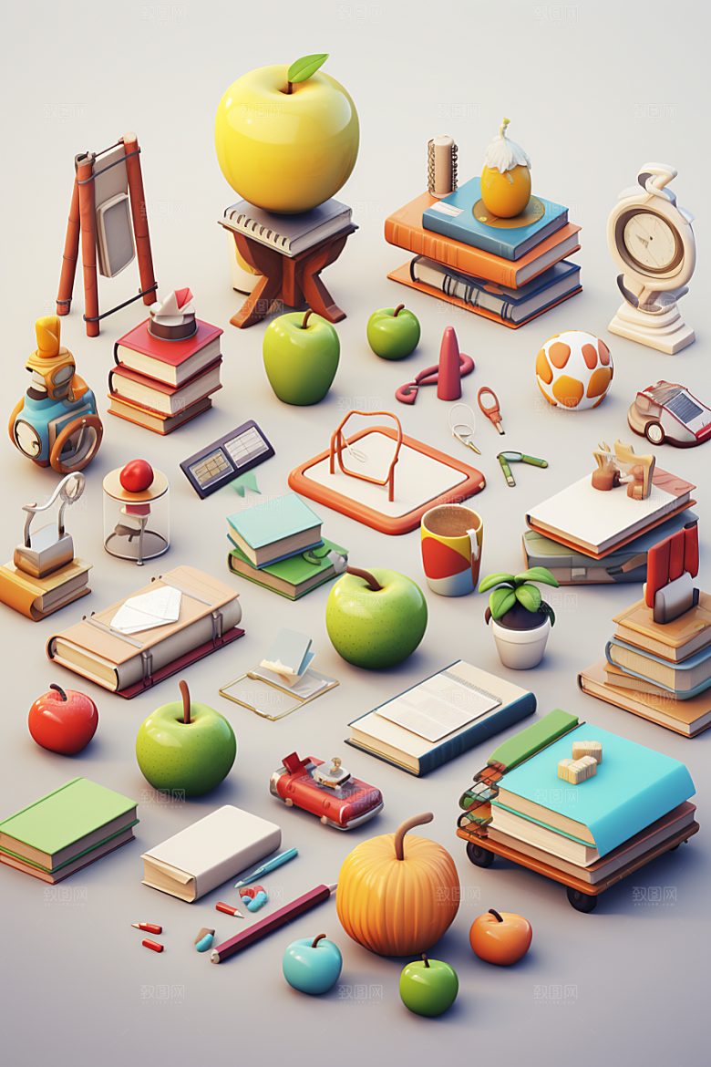 卡通文具上学立体效果图