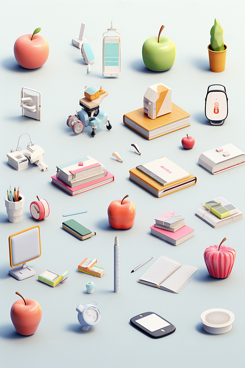 卡通文具书本纸笔上学效果图