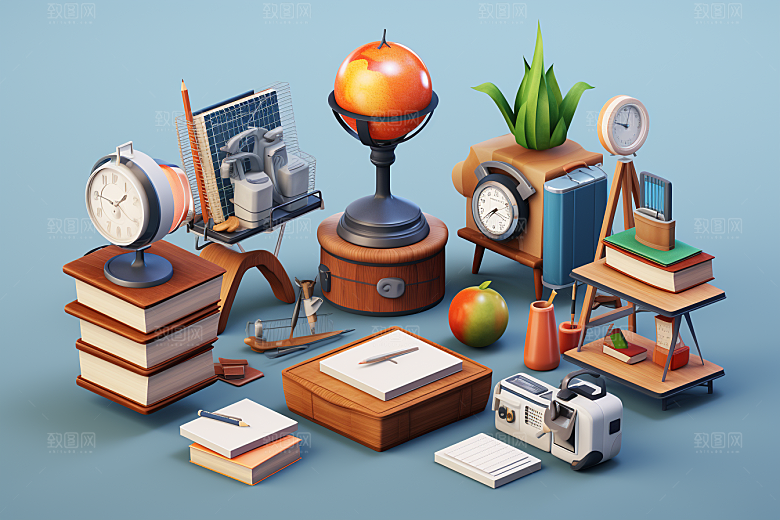 卡通文具3D上学效果图