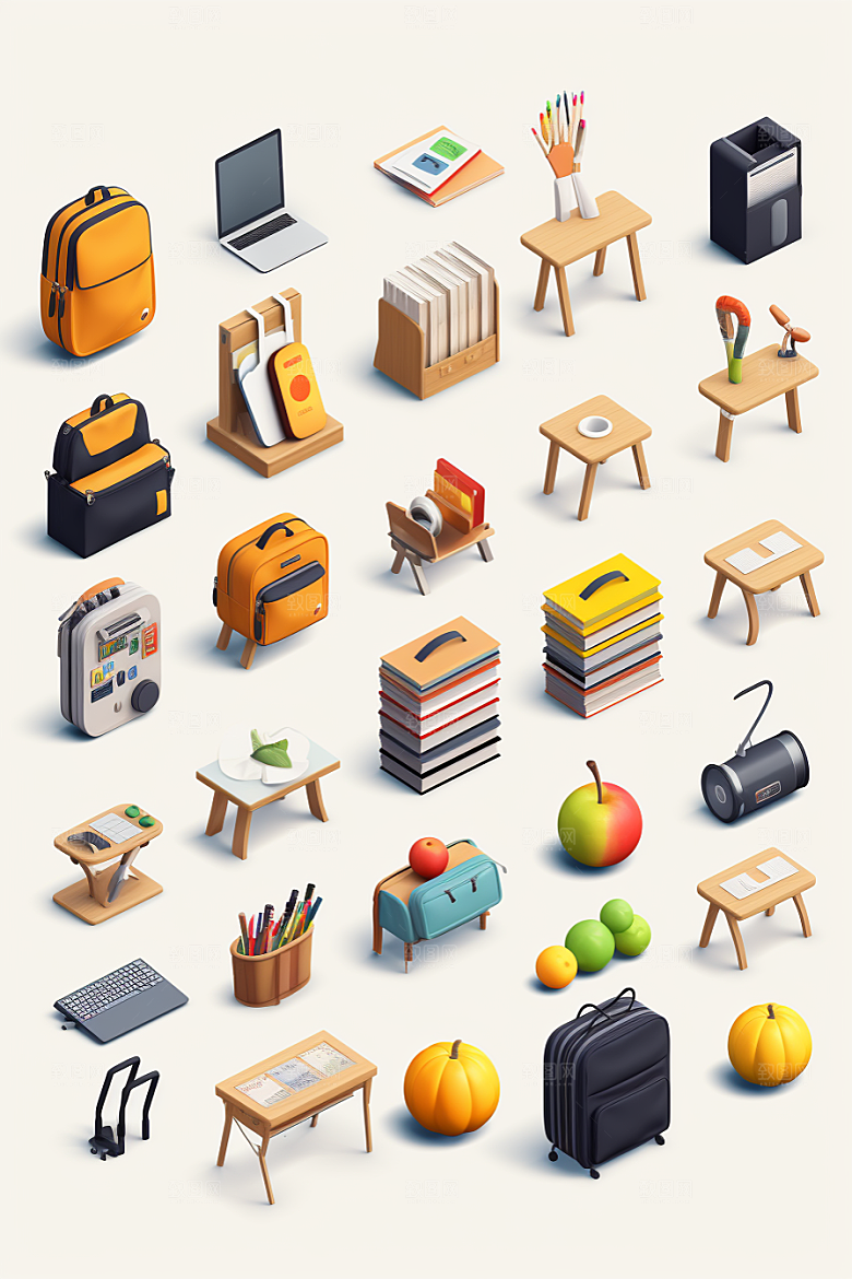 卡通文具3D开学效果图