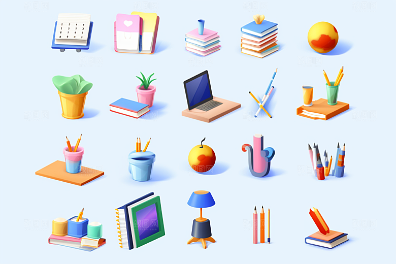 卡通文具上学立体效果图