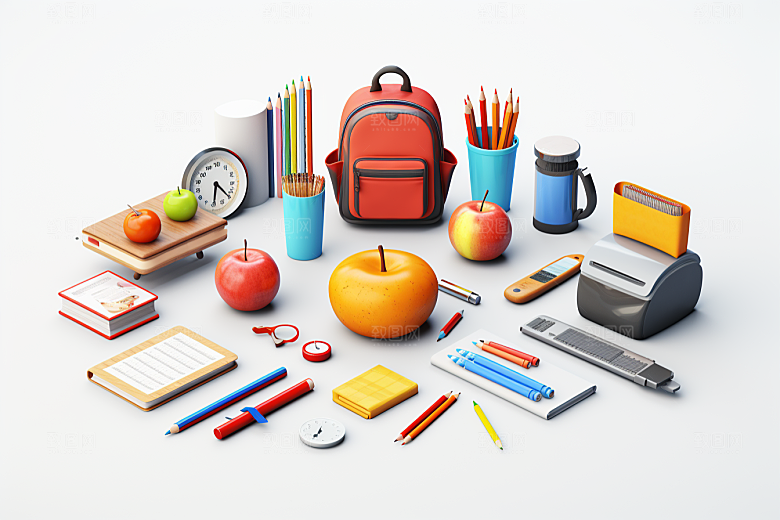 卡通文具书本纸笔开学效果图