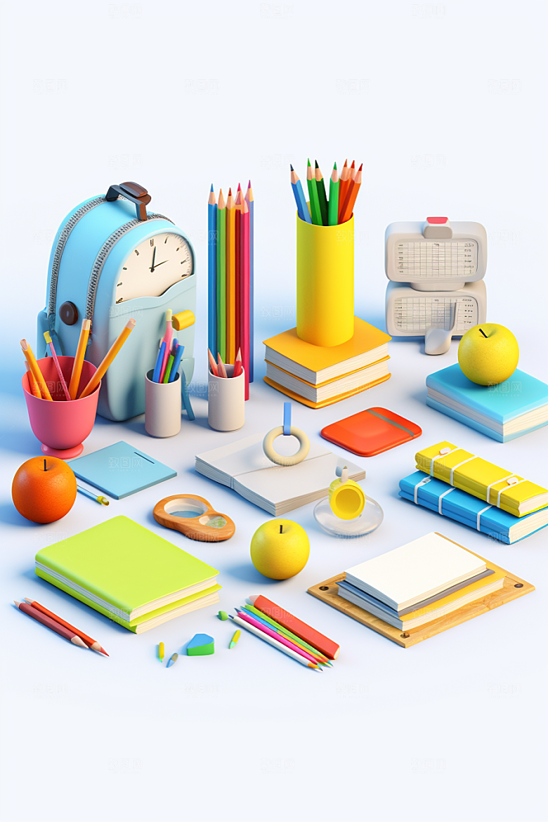 卡通文具书本纸笔上学效果图