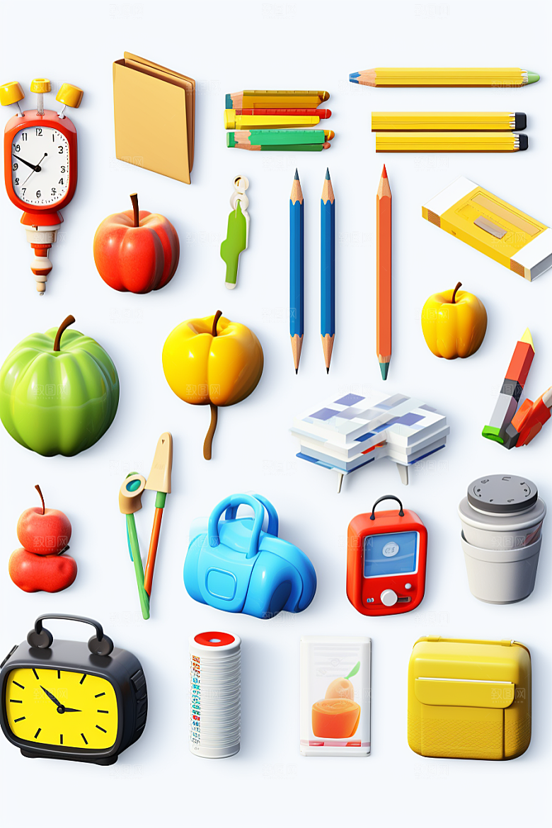 卡通文具C4D学习用品效果图