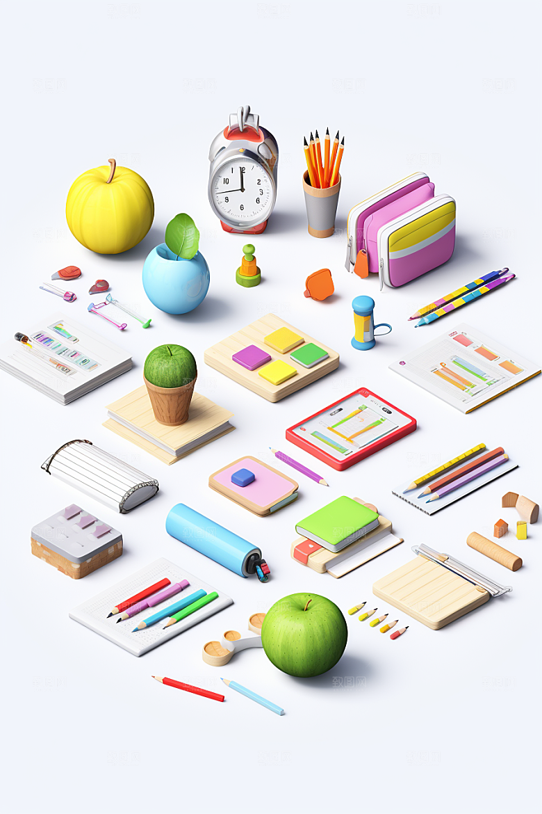 卡通文具开学立体效果图