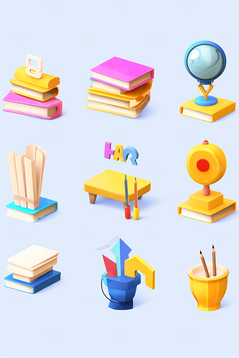 卡通文具学具书本纸笔效果图