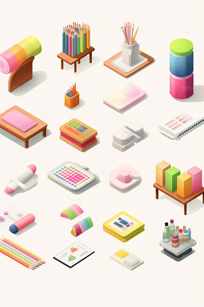 卡通文具学具立体效果图