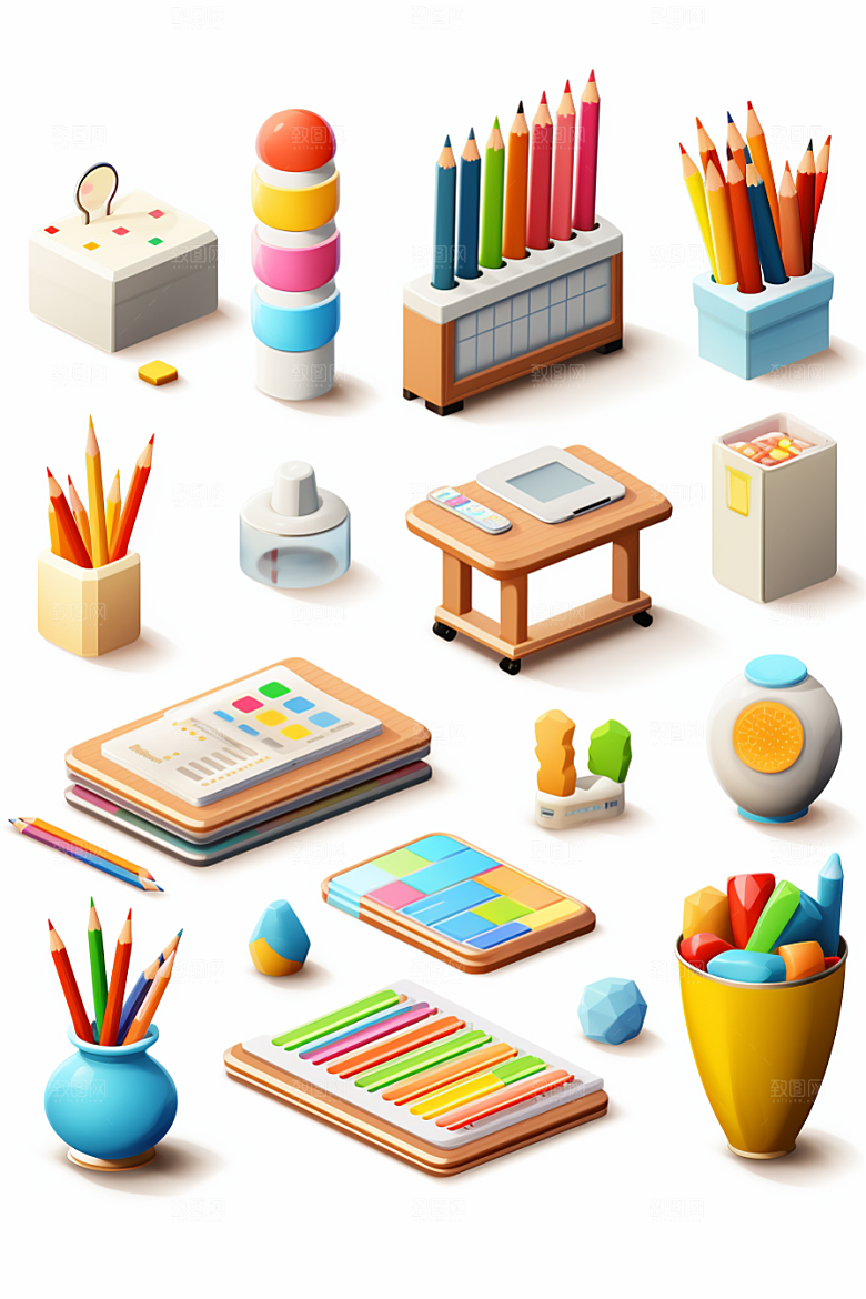 卡通文具上学学习用品效果图