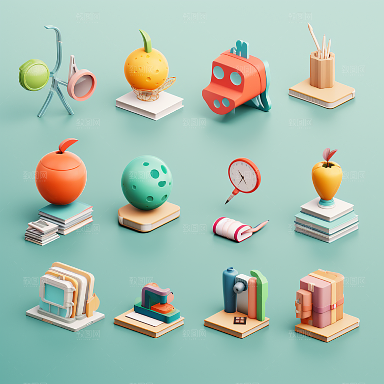 卡通文具开学C4D效果图