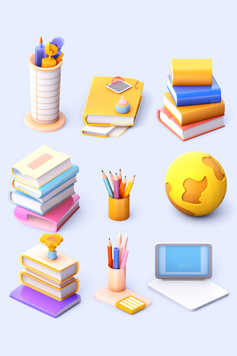 卡通文具上学书本纸笔效果图