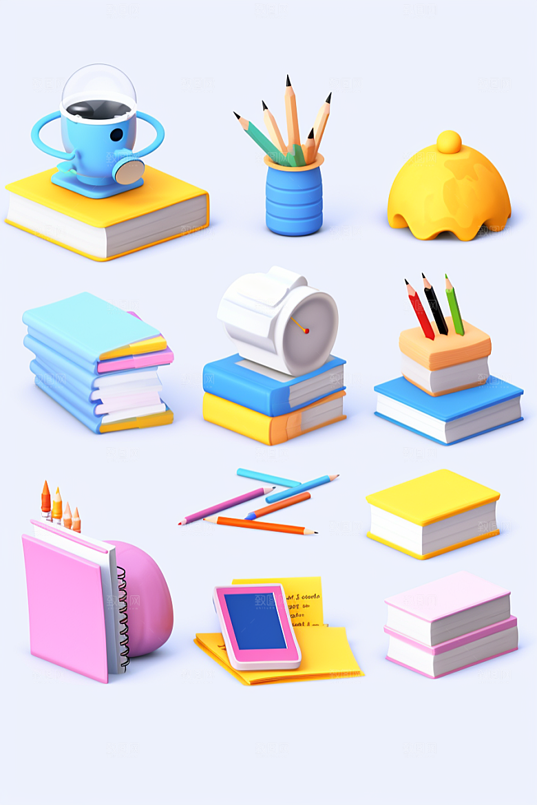 卡通文具上学C4D效果图