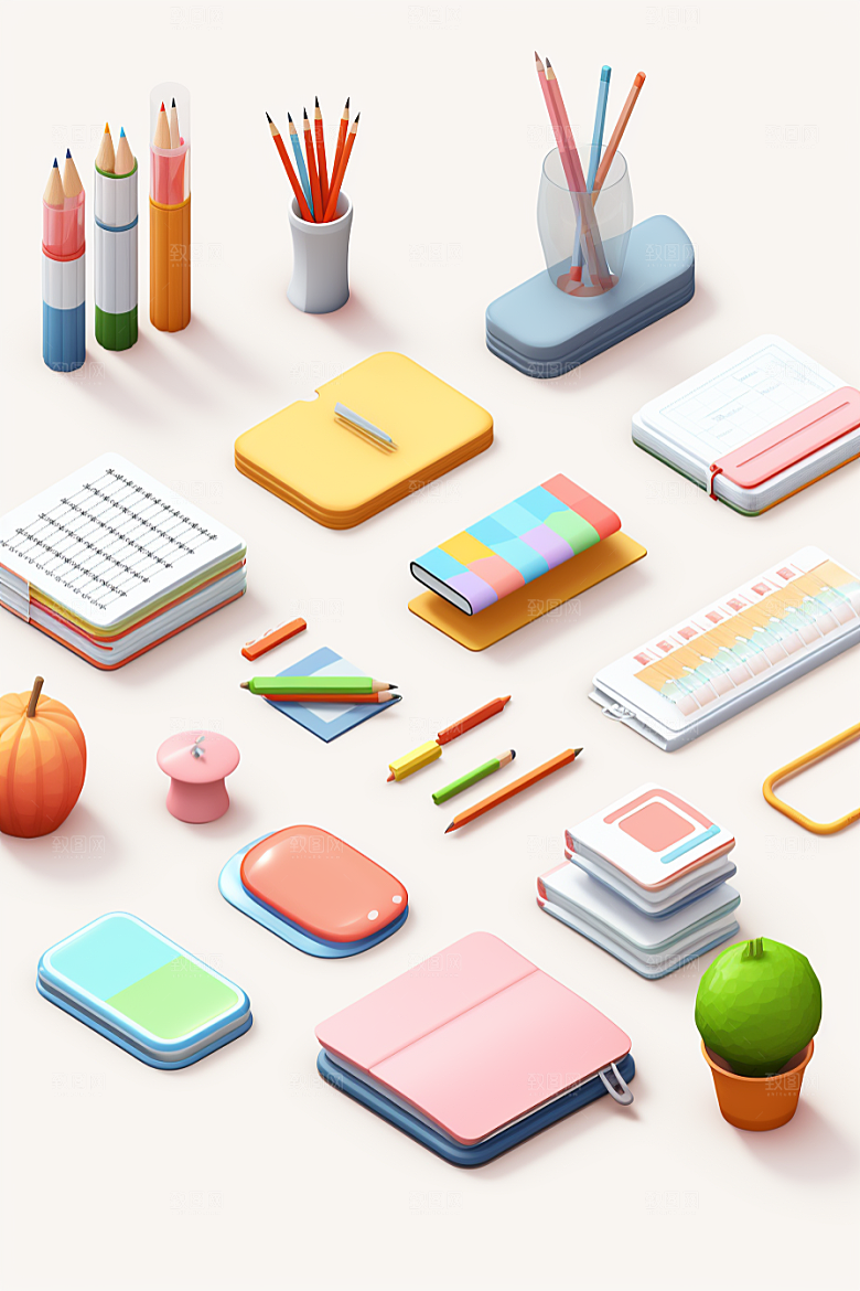 卡通文具学习用品上学效果图