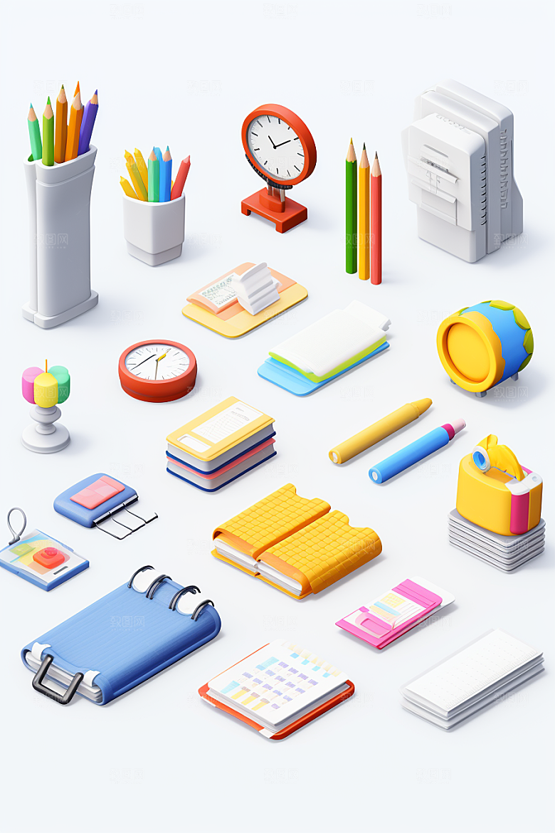 卡通文具书本纸笔学具效果图