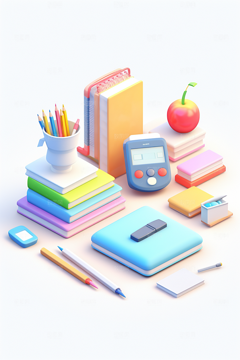 卡通文具C4D开学效果图