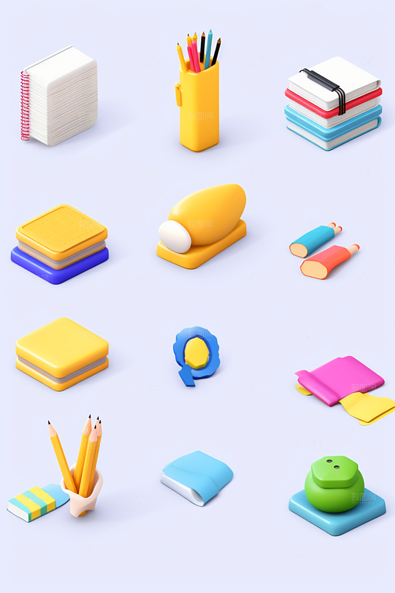 卡通文具书本纸笔教具效果图