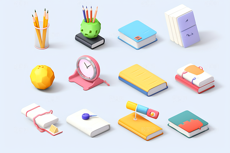 卡通文具上学C4D效果图