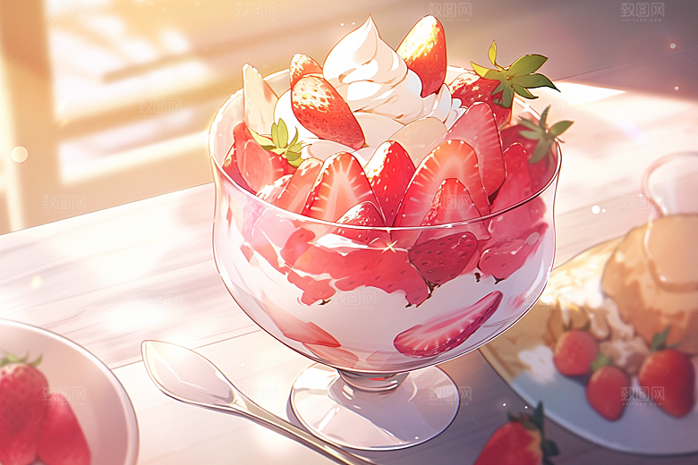 可爱草莓巴菲奶油蛋糕美食插画