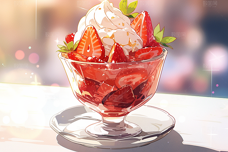 可爱草莓巴菲美食杯子蛋糕插画