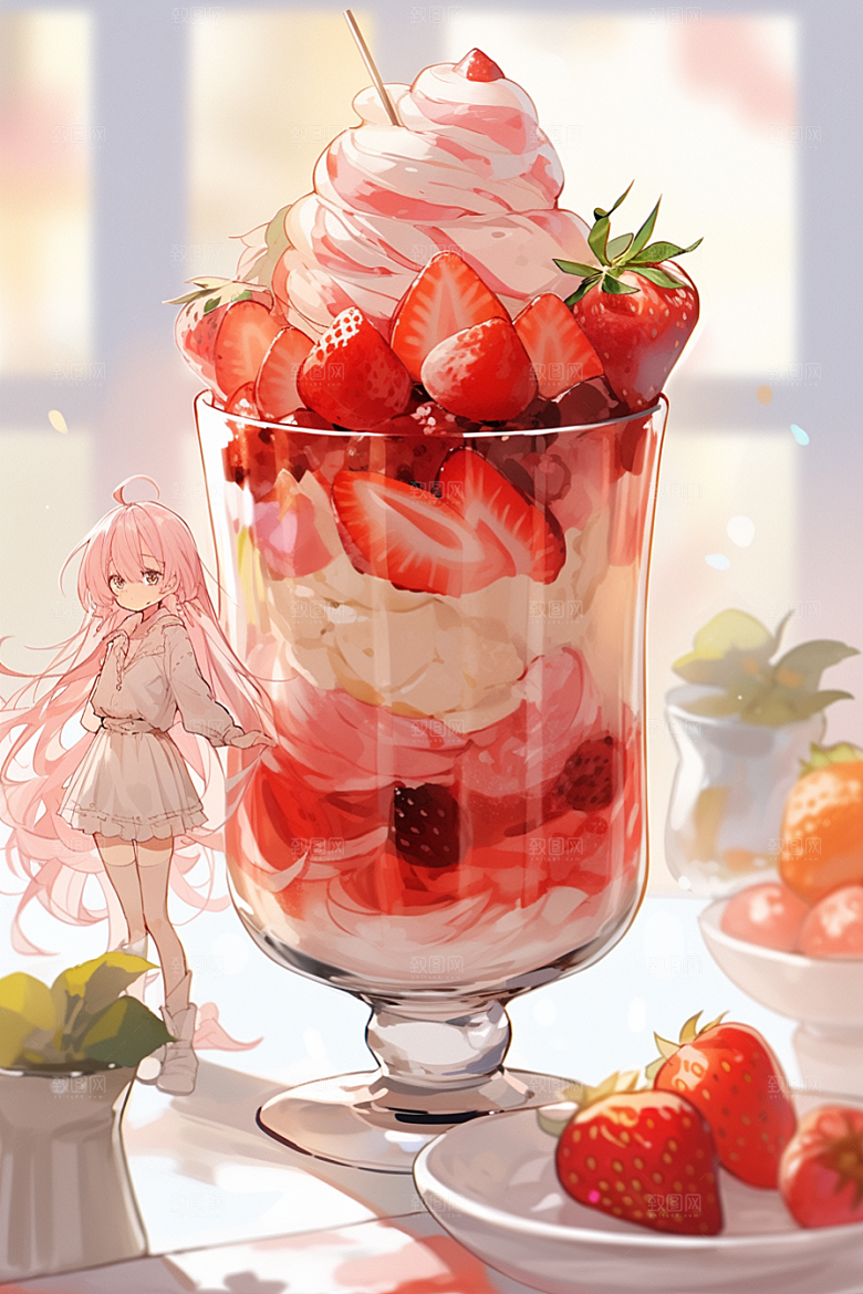 可爱草莓巴菲杯子蛋糕奶油蛋糕插画
