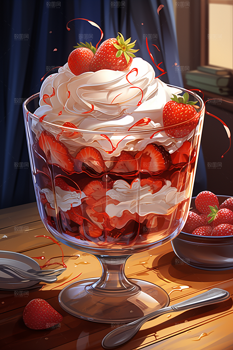 可爱草莓巴菲杯子蛋糕甜品插画