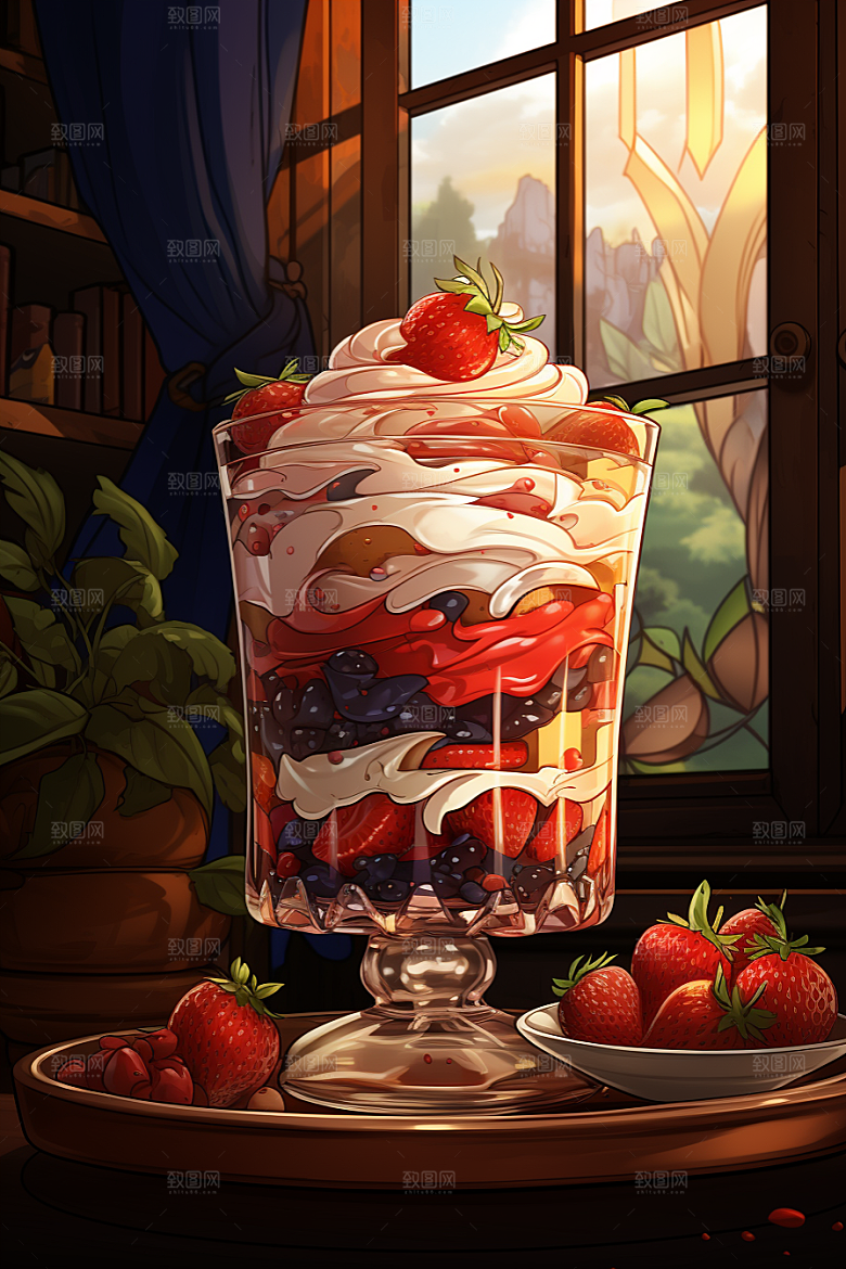 可爱草莓巴菲水果蛋糕甜食插画