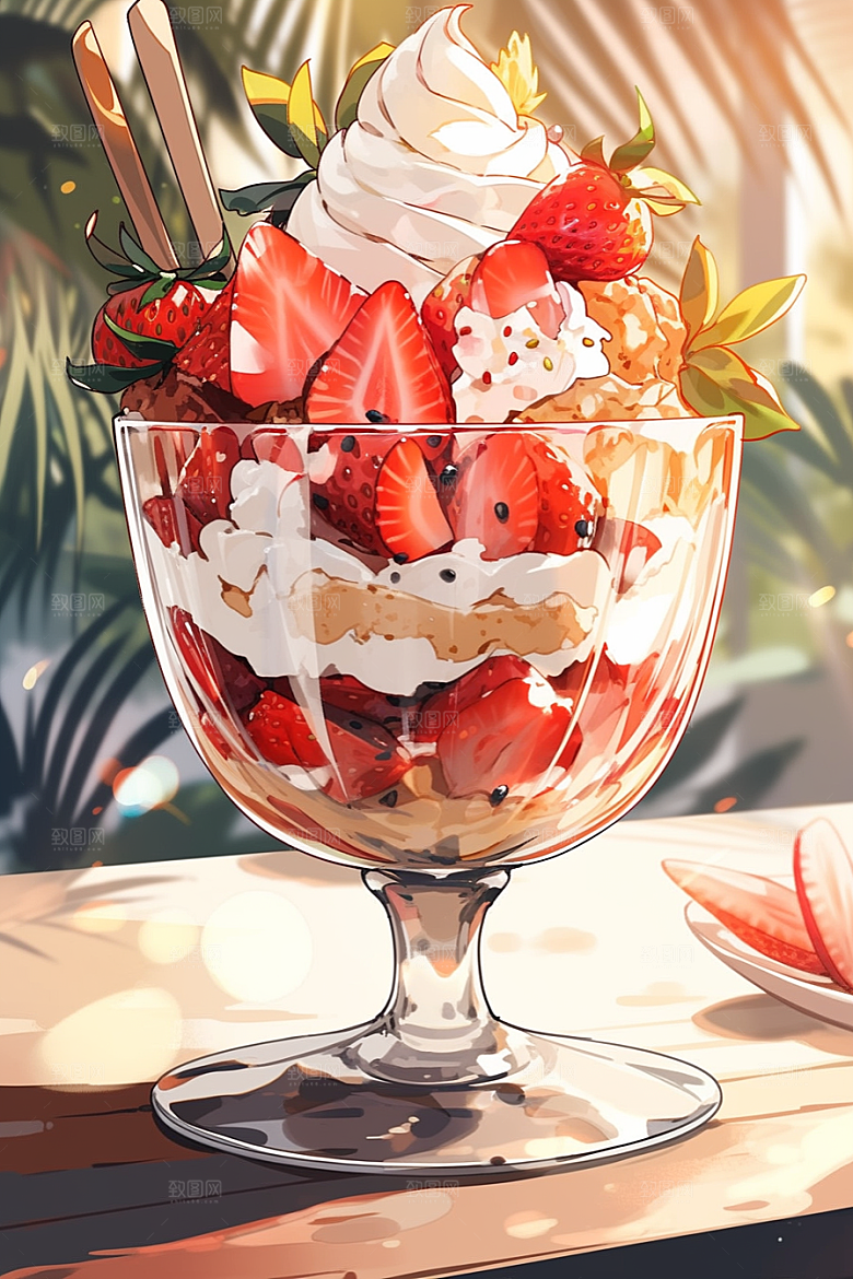 可爱草莓巴菲杯子蛋糕甜品插画