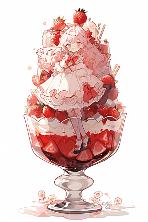 可爱草莓巴菲杯子蛋糕奶油蛋糕插画