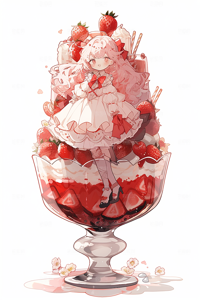 可爱草莓巴菲杯子蛋糕奶油蛋糕插画