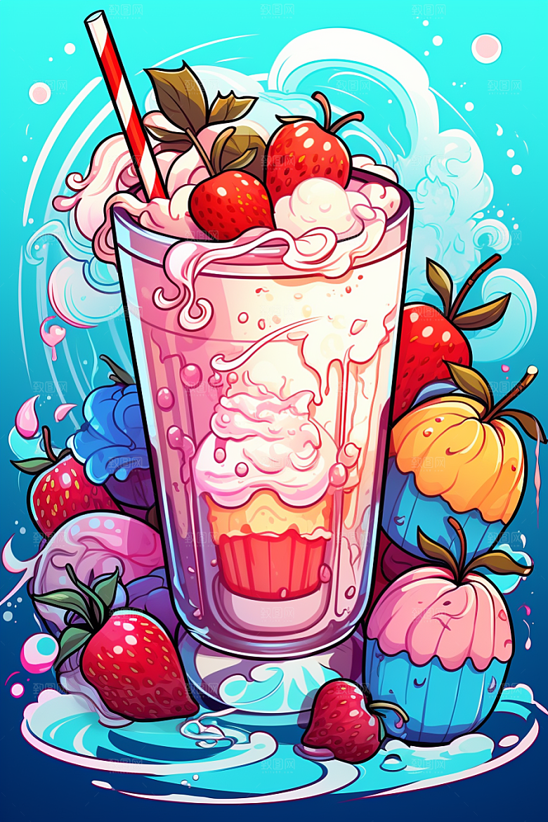 可爱草莓巴菲水果蛋糕甜品插画