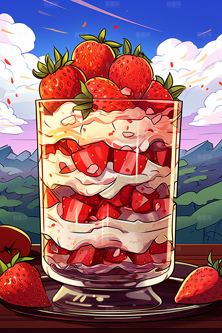 可爱草莓巴菲甜品水果蛋糕插画
