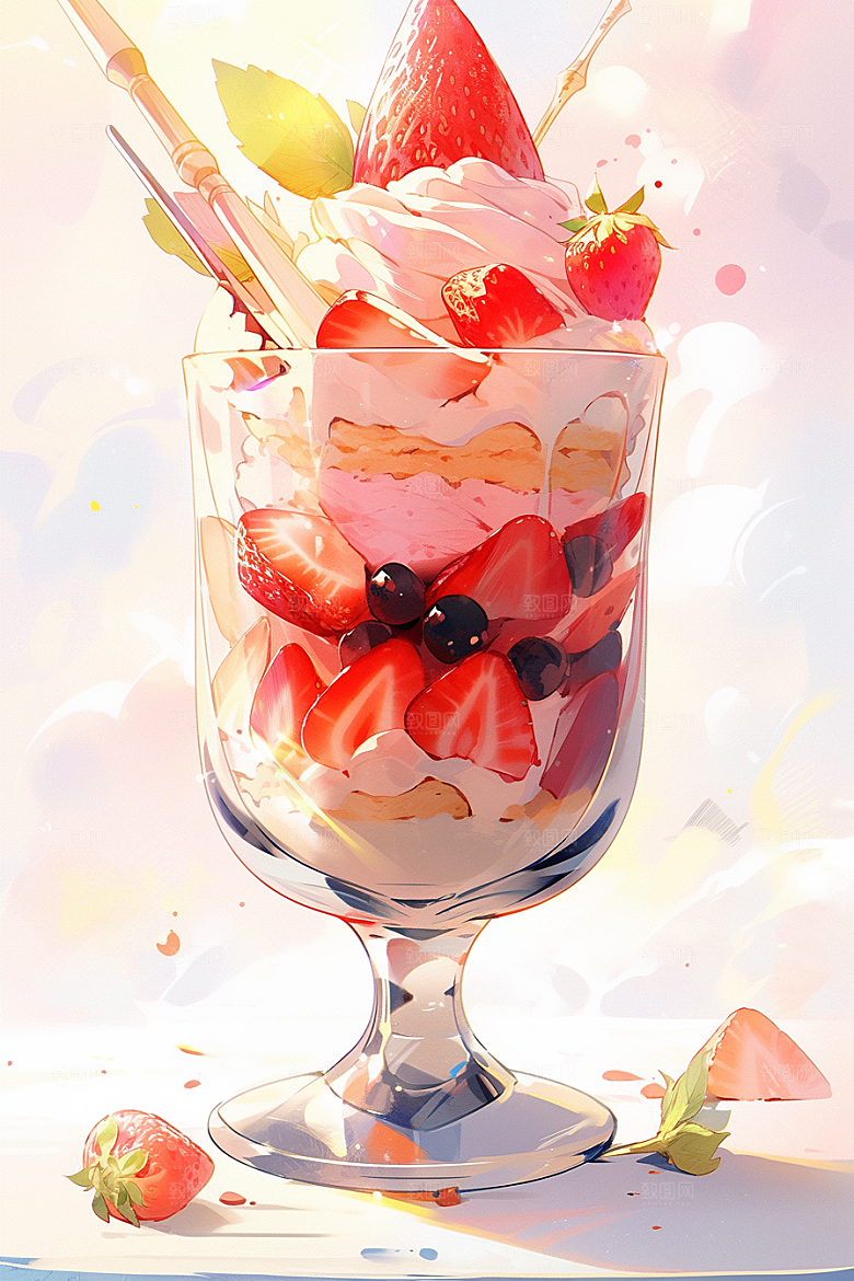 可爱草莓巴菲高清甜品插画