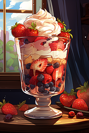 可爱草莓巴菲奶油蛋糕甜品插画