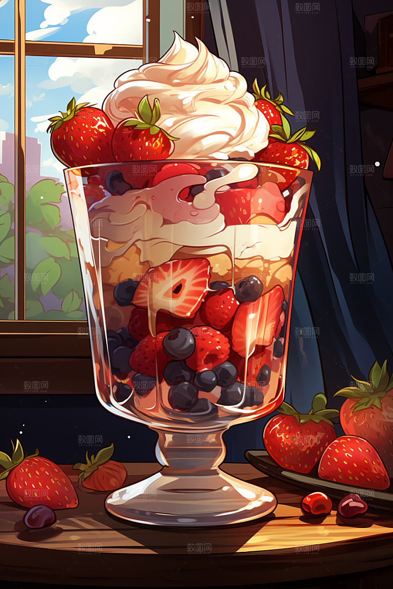 可爱草莓巴菲奶油蛋糕甜品插画
