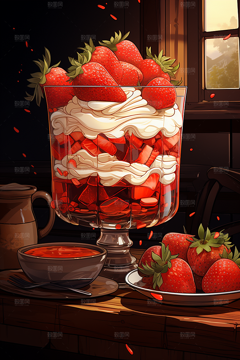 可爱草莓巴菲杯子蛋糕甜品插画