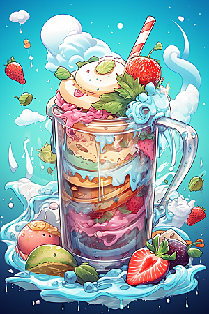 可爱草莓巴菲奶油蛋糕甜品插画