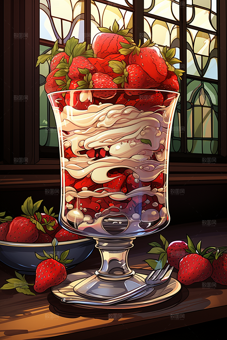 可爱草莓巴菲奶油蛋糕甜品插画