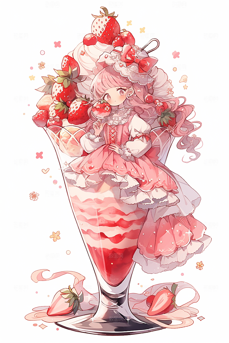 可爱草莓巴菲甜品杯子蛋糕插画