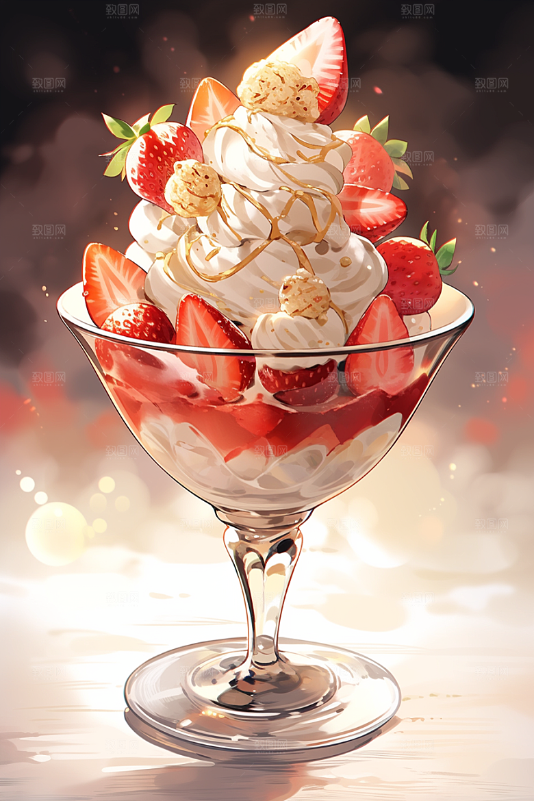 可爱草莓巴菲甜品水果蛋糕插画