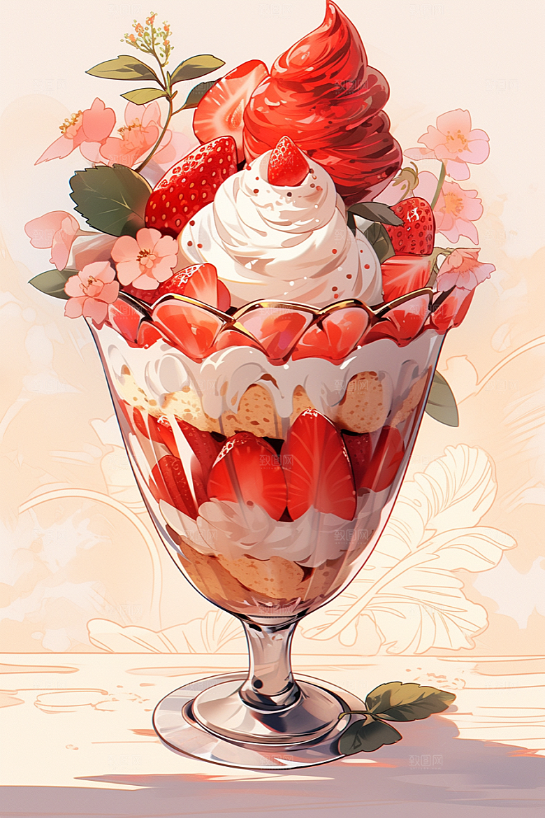 可爱草莓巴菲杯子蛋糕甜品插画
