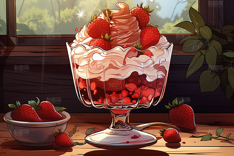 可爱草莓巴菲甜品美食插画