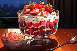 可爱草莓巴菲甜食杯子蛋糕插画